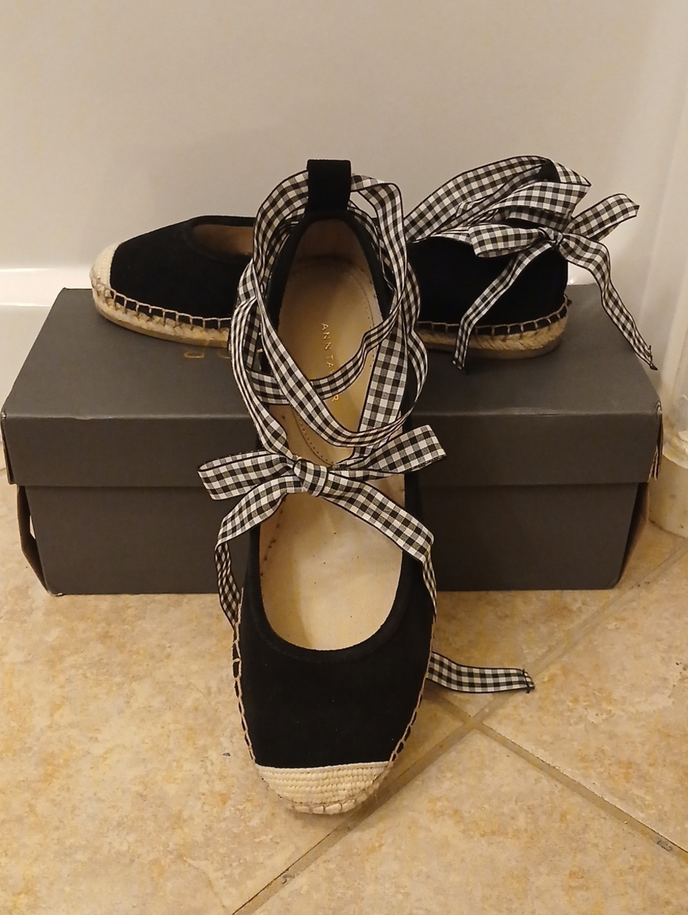 Ann Taylor Black Suede Espadrille Flats with Removable Gingham Straps